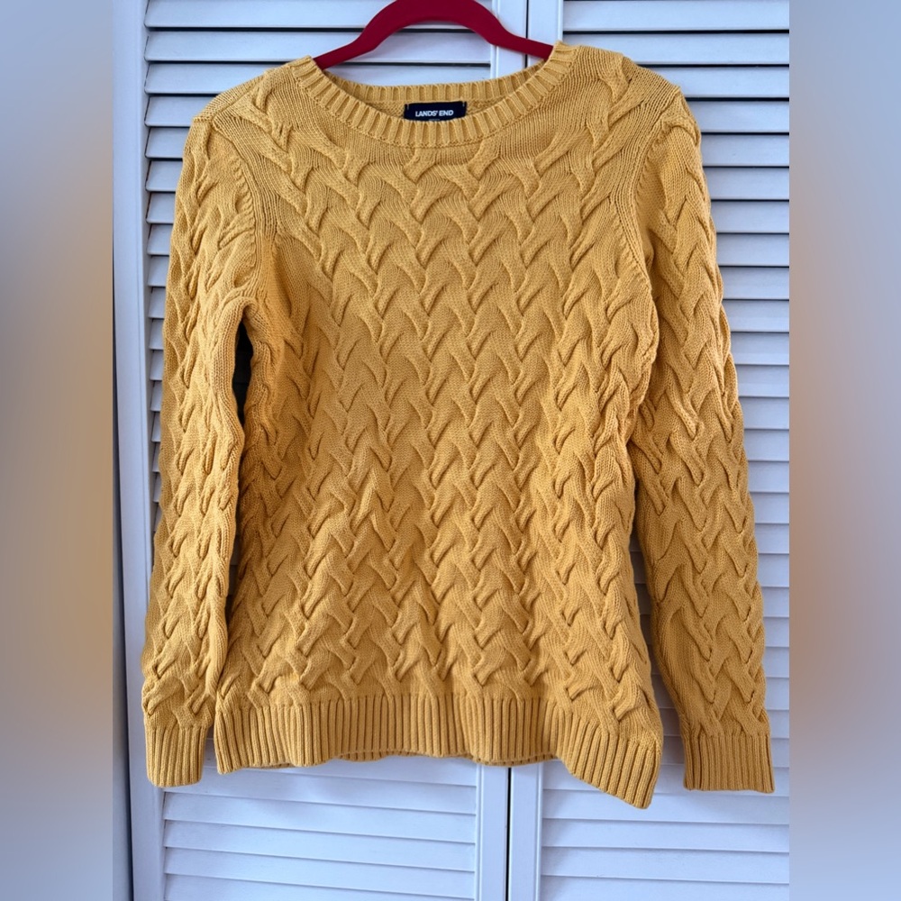 Land’s End cable knit gold sweater 
Brand new never worn no tags